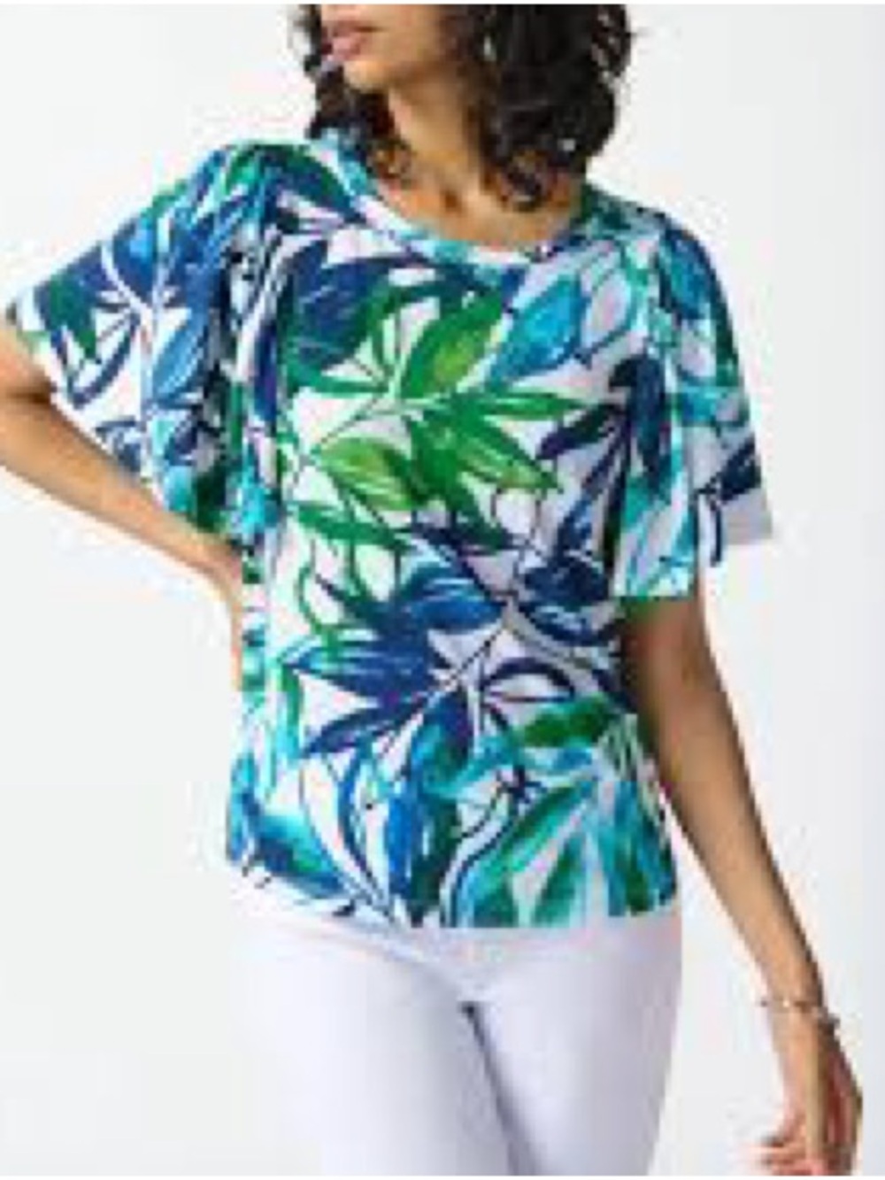 Joseph Ribkoff | Tropical Leaf Print Flutter Sleeve Top Blue Green - Chic